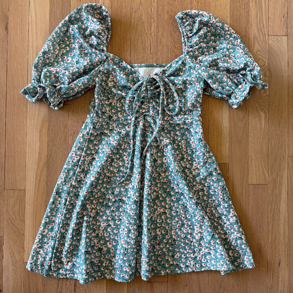 Green and Peach Floral Puff Sleeve Dress Small